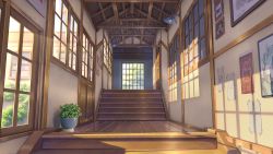 absurdres backlighting commentary door english_commentary hallway highres no_humans original planetariangaolin plant portrait_(object) poster_(object) potted_plant scenery shadow stairs wooden_door wooden_floor rating:General score:2 user:danbooru