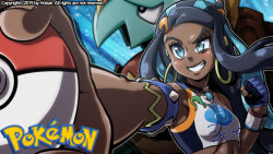  1girl armlet armpits black_hair blue_eyes breasts clenched_hands clenched_teeth creatures_(company) crop_top dark-skinned_female dark_skin dynamax_band ear_piercing earrings female_focus fighting_stance fingernails game_freak gen_8_pokemon gloves grin gym_leader hair_ornament hand_up highres hobae holding holding_poke_ball hoop_earrings jewelry light_blush long_hair looking_at_viewer midriff multicolored_hair necklace nessa_(pokemon) nintendo outstretched_arm parted_lips partially_fingerless_gloves pendant_choker piercing poke_ball poke_ball_print pokemon pokemon_(creature) pokemon_swsh raised_eyebrow sidelocks size_difference small_breasts smile standing streaked_hair swept_bangs teeth two-tone_hair 