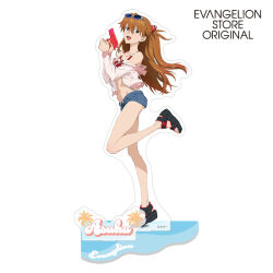  1girl bare_arms bare_legs bikini bikini_under_clothes blue_eyes breasts brown_hair clothes_lift cowboy_shot denim denim_shorts english_text floating_hair full_body hair_between_eyes happy highres jacket jumping long_hair neon_genesis_evangelion official_art open_clothes open_jacket open_mouth promotional_art shorts solo souryuu_asuka_langley standing standing_on_one_leg swimsuit water_gun 