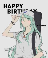 1girl absurdres bang_dream! baseball_cap bracelet character_name commentary english_commentary expressionless green_eyes green_hair green_nails grey_background guitar_case happy_birthday hat highres hikawa_sayo instrument_case instrument_on_back jewelry looking_at_viewer necklace pink_nails rekari_(rekari628) shirt short_sleeves solo upper_body white_hat white_shirt  rating:General score:2 user:danbooru