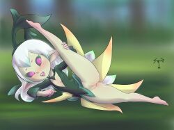  1girl artist_request blush bravely_default_(series) bravely_default_2 breasts cleft_of_venus dress fairy looking_at_viewer lying no_panties open_mouth pink_hair pointy_ears presenting presenting_pussy pussy small_breasts smile solo spread_legs stretching sylph white_hair 