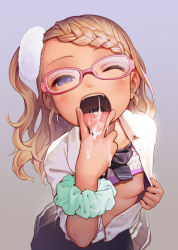  1girl absurdres aftersex blonde_hair blouse blue_eyes blush bowtie bra bra_lift braid braided_bangs breasts collarbone cum cum_in_mouth cum_on_tongue cunnilingus_gesture eyebrows female_focus fingernails glasses gradient_background gyaru hair_ornament highres leaning_forward loli long_hair looking_at_viewer muk_(monsieur) nipples nose one_breast_out one_eye_closed one_side_up open_clothes open_mouth open_shirt original pink-framed_eyewear scrunchie shirt simple_background skirt small_breasts solo standing striped_bow striped_bowtie striped_clothes teeth tongue tongue_out underwear upper_teeth_only uvula wavy_hair white_shirt wrist_scrunchie yonic_symbol  rating:Explicit score:591 user:Dweenie