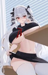  1girl absurdres azur_lane black_sailor_collar black_serafuku breast_rest breasts breasts_on_table clothes_lift crop_top finger_to_mouth formidable_(azur_lane) formidable_(the_lover&#039;s_heart_flutters_on_duty)_(azur_lane) hair_ribbon highres index_finger_raised jojo_xiuxian large_breasts lifted_by_self long_hair looking_at_viewer navel official_alternate_costume pleated_skirt red_eyes ribbon sailor_collar school_uniform serafuku sitting skirt skirt_lift twintails two-sided_ribbon two-tone_ribbon underboob very_long_hair white_hair 