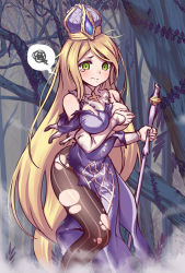1girl blonde_hair breasts detached_sleeves eris_(shadowverse) green_eyes hat large_breasts long_hair mitre shadowverse sleeveless solo staff tanaka_gorbachev thighhighs torn_clothes rating:Questionable score:4 user:danbooru
