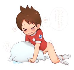  10s 2boys amano_keita blush bottomless brown_eyes brown_hair cum male_focus multiple_boys penis short_hair shota size_difference text_focus translation_request whisper_(youkai_watch) wince yaoi youkai_watch  rating:Explicit score:40 user:harucho