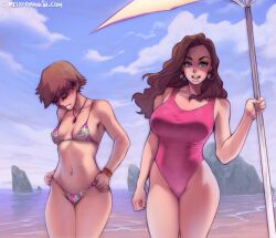  2girls :d artist_name beach beach_umbrella bikini blue_eyes blue_sky breasts brown_hair closed_eyes cloud cloudy_sky commentary covered_erect_nipples cowboy_shot earrings english_commentary holding holding_umbrella jewelry large_breasts long_hair melkor_mancin multiple_girls navel one-piece_swimsuit open_mouth original pink_bikini pink_one-piece_swimsuit sand short_hair siblings sisters sky smile stomach string_bikini swimsuit umbrella water 