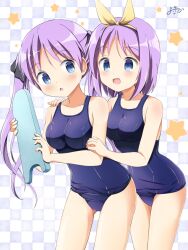  2girls bare_shoulders blue_eyes blue_one-piece_swimsuit blush breasts collarbone dot_nose hair_ribbon hiiragi_kagami hiiragi_tsukasa inakami legs long_hair looking_at_another lucky_star medium_breasts medium_hair multiple_girls one-piece_swimsuit open_mouth purple_hair ribbon siblings sisters standing star_(symbol) swimsuit 