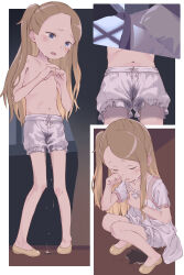  1girl absurdres bed blonde_hair bloomers blue_eyes blush border closed_eyes clothes_lift collarbone commission crying dress dress_lift embarrassed female_focus flat_chest forehead full_body hands_up highres ikumi_(iq3) indoors knees_together_feet_apart legs lifting_own_clothes loli long_hair looking_down mary_(princess_principal) multiple_views navel night nipples one_side_up open_mouth outside_border own_hands_together pee peeing peeing_self pigeon-toed pillow pink_trim princess_principal princess_principal_crown_handler puddle shoes short_sleeves sidelocks skeb_commission sleeveless sleeveless_dress squatting standing tears topless u_u underwear underwear_only wet wet_clothes white_bloomers white_border white_dress wiping_tears yellow_footwear  rating:Questionable score:76 user:AngryZapdos