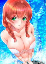  1girl absurdres arm_support bare_shoulders bikini blush braid breasts brown_hair bursting_breasts cleavage emma_verde freckles green_eyes highres large_breasts long_hair looking_at_viewer love_live! love_live!_nijigasaki_high_school_idol_club mabeck mermaid monster_girl outdoors parted_lips rock scales shell shell_bikini solo sparkle strapless strapless_bikini swimsuit twin_braids wet wet_hair 