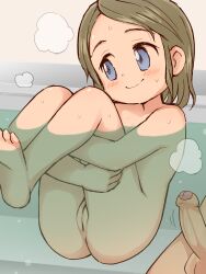  1boy 1girl barefoot bathing bathtub blue_eyes blush brown_hair cleft_of_venus closed_mouth commentary_request completely_nude erection foot_out_of_frame foreskin highres hugging_own_legs knees_up lasto loli nude original partially_submerged penis phimosis pussy short_hair sitting soles solo_focus testicles third-party_edit toes uncensored 