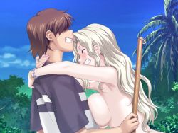  00s 1boy 1girl breast_press breasts clenched_teeth clothed_male_nude_female game_cg happoubi_jin hetero hug implied_sex nail_polish nude palm_tree pink_nails resort_boin shinjou_kanae teeth tree  rating:Questionable score:64 user:GravitySpark