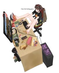  1girl absurdres alisa_(girls_und_panzer) ashtray bags_under_eyes barefoot bra brown_hair burger chair chips_(food) cigarette cigarette_pack computer energy_drink feet feet_on_table food girls_und_panzer hair_ornament headset highres keyboard_(computer) lighter monitor monster_energy mouse_(computer) on_chair phone pile_of_trash pokoooo_(fartsonist) profanity saunders_military_uniform shirt short_shorts short_twintails shorts simple_background sitting soda_bottle star_(symbol) star_hair_ornament t-shirt trash_bag trash_can twintails underwear war_thunder white_background 