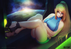 1girl aqua_eyes arms_under_breasts artist_name bare_shoulders bike_shorts blonde_hair blue_shirt blue_shorts blush breasts commentary crossed_ankles full_body high_ponytail large_breasts legs lips long_hair looking_at_viewer lying metroid mole mole_on_thigh mole_under_mouth nextoad nintendo on_back parted_lips patreon_username ponytail samus_aran shirt shoes shorts sidelocks sky sleeveless sleeveless_shirt solo space spacecraft_interior star_(sky) starry_sky swept_bangs thighs watermark web_address window rating:Sensitive score:49 user:danbooru