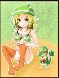  bianca_(pokemon) blonde_hair blush bottomless bra breasts cleavage creatures_(company) dressing game_freak green_eyes hat lingerie nintendo no_panties poke_ball pokemon sitting thighhighs underwear undressing  rating:Questionable score:38 user:coolface1000