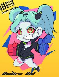  1girl blue_hair blue_skin breasts chibi cleavage colored_sclera colored_skin cyberpunk_(series) cyberpunk_edgerunners gloves green_eyes hair_ornament headband highres jacket jumping large_breasts long_sleeves looking_at_viewer multicolored_background pointing pointing_at_viewer rebecca_(cyberpunk) redica_val simple_background smile smirk solo tattoo teeth 