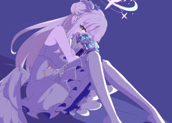  1girl 5amonbro angel_wings bare_legs blue_archive bouquet covering_face crossed_arms dress flower hair_bun halo highres holding holding_bouquet knees_to_chest looking_at_viewer mika_(blue_archive) peeking_out pink_hair purple_background simple_background single_hair_bun sitting wings yellow_eyes 