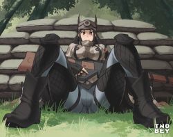  1girl animal_hat ankle_boots armor black_hair blush boots breasts brown_eyes camouflage cat_hat commission forest from_below full_body greaves gun hat kai_schren knee_pads large_breasts long_hair looking_at_viewer military military_uniform nature nose_blush outdoors rifle sandbag senjou_no_valkyria_(series) senjou_no_valkyria_4 sitting sniper_rifle solo spread_legs trigger_discipline twobey uniform weapon  rating:Sensitive score:70 user:danbooru