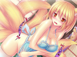 2girls animal_ears apron blonde_hair blush breast_hold breasts covered_erect_nipples door dutch_angle female_focus folding_fan fox_ears fox_tail frilled_apron frills gap_(touhou) hair_over_eyes hand_fan hat hat_ribbon large_breasts long_hair multiple_girls multiple_tails naked_apron no_headwear portal_(object) ribbon scissors short_hair skindentation smile tail tears thighhighs touhou walzrj wavy_mouth yakumo_ran yakumo_yukari yellow_eyes rating:Questionable score:91 user:danbooru
