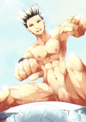  10s 1boy abs absurdres ball bokuto_koutarou chromatic_aberration completely_nude fudianshi haikyuu!! highres male_focus multicolored_hair muscular muscular_male net nude penis playing_sports sky solo sun sweat two-tone_hair volleyball volleyball_(object) volleyball_net wristband  rating:Explicit score:6 user:Zoahc