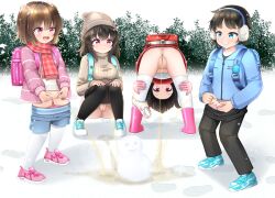  1boy 3girls anus ass backpack bag bar_censor beanie bent_over black_hair blue_eyes blue_footwear blush boots breasts brown_hair censored cleft_of_venus clothes_pull earmuffs footprints foreskin girl+boy_peeing_together happy_peeing hat highres loli multiple_girls nonchalant_peeing open_mouth original outdoors panties panties_around_leg pants pants_pull panty_pull pantyhose pantyhose_pull peeing peeing_together penis pink_eyes pink_footwear public_indecency pussy rena_(riries) scarf shoes shorts shorts_pull shota skirt smile snow snowman spread_pussy squatting standing sweater underwear upskirt 