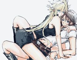  2girls adapted_costume all_fours arm_around_neck belt black_footwear black_pants black_shorts black_vest blonde_hair blue_eyes blush boots brown_hair cloud_strife earrings elbow_rest final_fantasy final_fantasy_vii final_fantasy_viii genderswap genderswap_(mtf) grey_background jewelry knee_boots knees_up leaning_back leg_between_thighs light_smile looking_at_viewer looking_back midriff_peek mullet multiple_belts multiple_girls no_gloves pants pinned scar scar_on_face shen_0012 shirt short_hair short_shorts shorts squall_leonhart stud_earrings sweatdrop t-shirt thigh_straddling v-neck vest vietnamese_commentary white_shirt yuri 