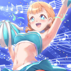  1girl :d alternate_costume annette_fantine_dominic bare_shoulders blue_eyes blush breasts cheerleader crop_top fire_emblem fire_emblem:_three_houses groin heart heart-shaped_pupils holding holding_pom_poms medium_breasts midriff miniskirt musical_note navel nintendo open_mouth orange_hair pleated_skirt pom_pom_(cheerleading) pom_poms short_hair simple_background skirt smile solo symbol-shaped_pupils twintails yanmarson 