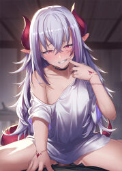  1boy 1girl bangs bare_shoulders blush breasts choker clothed_sex collarbone cowgirl_position dragon_girl dragon_horns dragon_tail facial_mark girl_on_top grin half-closed_eyes hetero highres horns ibuki_notsu light_purple_hair long_hair looking_at_viewer melusine_(ibuki_notsu) off_shoulder original penis pointy_ears red_eyes sex shirt short_sleeves small_breasts smile solo solo_focus straddling tail thighs white_shirt 