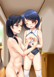  2girls age_difference areola_piercing belt_collar black_hair blood blush bottomless breasts brown_eyes collar female_pubic_hair flat_chest fresh_piercing functionally_nude glasses hair_over_shoulder highres indoors jakelian loli long_hair mother_and_daughter multiple_girls name_tag navel nipple_piercing nipple_tag nipples nude original piercing pubic_hair pussy pussy_juice pussy_juice_drip revealing_clothes safety_pin school_uniform short_hair slave small_breasts smile standing tears thighhighs uncensored white_legwear wooden_floor zenra  rating:Explicit score:265 user:danbooru