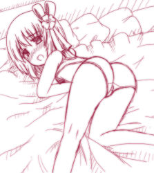  1girl all_fours ass blush bra female_focus flat_chest flower from_behind hair_flower hair_ornament hieda_no_akyuu lingerie looking_back monochrome ooki_kino panties short_hair sketch solo top-down_bottom-up touhou underwear underwear_only 