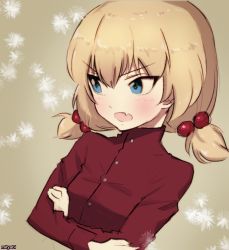 1girl alternate_hairstyle artist_name blush commentary cropped_torso crossed_arms fang frown girls_und_panzer hair_bobbles hair_ornament katyusha_(girls_und_panzer) looking_away mityubi no_jacket one-hour_drawing_challenge open_mouth pravda_school_uniform red_shirt school_uniform shirt short_hair short_twintails snowflakes solo turtleneck twintails upper_body v-shaped_eyebrows rating:Sensitive score:1 user:danbooru