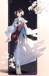  1girl brown_eyes brown_hair chinese_clothes chinese_commentary commentary_request crazyzhuozhuo earrings flower full_body hair_bun hair_flower hair_ornament hand_fan hanfu highres holding holding_fan jewelry long_sleeves looking_to_the_side necklace original paper_fan qixiong_ruqun shoes snake_print solo standing tuanshan white_footwear wide_sleeves 