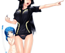  2girls 3886 age_difference black_hair blue_hair breasts clothed_female_nude_female female_focus flat_chest groin large_breasts loli long_hair multiple_girls nude onee-loli open_mouth panties s_zenith_lee simple_background source_request underwear white_background yuri 
