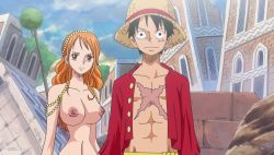  highres monkey_d._luffy nami_(one_piece) nude_filter one_piece r34son third-party_edit  rating:Questionable score:38 user:r34son