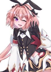  1boy animal_ears astolfo_(fate) astolfo_(saber)_(fate) black_bow black_gloves black_ribbon bow bowtie buttons fake_animal_ears fangs fate/grand_order fate_(series) gloves hair_bow hair_intakes hair_ribbon highres long_hair looking_at_viewer male_focus multicolored_hair one_eye_closed open_mouth pink_hair purple_eyes rabbit_ears ribbon skirt smile solo stomach streaked_hair trap twintails white_hair yu_sakae 