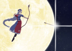  1girl absurdres arrow_(projectile) blue_dress bow_(weapon) braid closed_mouth commentary cross dress floating full_moon grey_hair hat highres holding holding_bow_(weapon) holding_weapon imperishable_night long_hair moon multicolored_clothes multicolored_dress night night_sky nurse_cap piaoluo_de_ying_huaban red_cross red_dress short_sleeves single_braid sky smile solo star_(sky) touhou two-tone_dress very_long_hair weapon yagokoro_eirin 