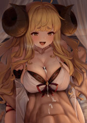  1boy 1girl :d absurdres ahoge anila_(granblue_fantasy) bar_censor bare_shoulders blonde_hair blunt_bangs blush breasts brown_hair censored cleavage collarbone cum cum_on_body cum_on_breasts cum_on_upper_body cumdrip draph granblue_fantasy heavy_breathing highres horns indoors large_breasts long_hair long_sleeves male_pubic_hair momo_no_sukebe navel open_mouth paizuri paizuri_under_clothes penis pubic_hair sheep_horns smile solo_focus thick_eyebrows thigh_strap very_long_hair  rating:Explicit score:117 user:danbooru