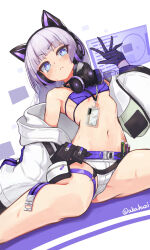  1girl akahuzi animal_ear_headphones animal_ears arm_at_side bare_legs bare_shoulders belt belt_pouch bikini bikini_top_only black_gloves blue_eyes blunt_bangs blush breasts bright_pupils buckle cat_ear_headphones closed_mouth commentary_request dolphin_wave dutch_angle fake_animal_ears frown gas_mask gloves grey_hair hand_up headphones highres holographic_interface id_card jacket lanyard long_hair long_sleeves looking_at_viewer mask navel o-ring o-ring_thigh_strap off_shoulder official_alternate_costume open_clothes open_jacket pouch purple_background purple_belt purple_bikini schnee_weissberg short_shorts shorts sitting small_breasts snap-fit_buckle solo spread_legs stomach strapless strapless_bikini sweat swimsuit thigh_pouch thigh_strap twitter_username two-tone_background underboob v-shaped_eyebrows white_background white_jacket white_pupils white_shorts wide_sleeves zipper_pull_tab 