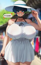 1girl absurdres bag black_choker black_hair blue_eyes blurry blurry_background blush breasts choker collarbone commentary covered_erect_nipples curvy day dress english_commentary english_text green-framed_eyewear grin hat heart highres holding holding_bag huge_breasts looking_at_viewer munah_mai_(munah_munah) munah_munah naughty_face no_bra original outdoors over-rim_eyewear removing_eyewear semi-rimless_eyewear short_hair short_ponytail smile solo speech_bubble sun_hat sundress sunglasses thick_thighs thighs tomboy toned white_dress white_hat wide_hips 
