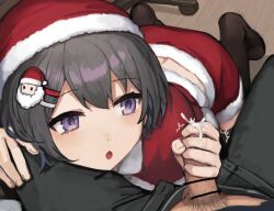  2boys age_difference arched_back bar_censor black_hair censored christmas cum cum_on_body ejaculation erection handjob hat indoors kneeling looking_at_penis looking_up male_focus multiple_boys open_mouth original penis pubic_hair purple_eyes santa_costume santa_hat shota sunaba_(nczd5875) sweat sweatdrop testicles twitching_penis yaoi 