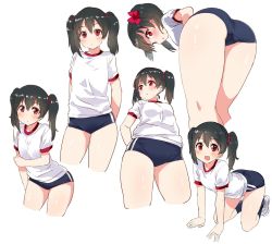  1girl all_fours arms_behind_back ass bare_legs bent_over black_hair buruma cropped_legs gym_uniform hair_ribbon kurokawa_makoto leaning_forward looking_at_viewer love_live! love_live!_school_idol_project multiple_views open_mouth red_eyes red_ribbon ribbon shoes short_sleeves simple_background smile socks twintails white_background white_footwear yazawa_nico  rating:Sensitive score:75 user:danbooru