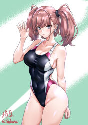  1girl absurdres alternate_costume atlanta_(kancolle) black_one-piece_swimsuit breasts brown_hair competition_swimsuit covered_navel cowboy_shot earrings grey_eyes highleg highleg_one-piece_swimsuit highres jewelry kantai_collection large_breasts long_hair multicolored_clothes multicolored_swimsuit one-piece_swimsuit purple_one-piece_swimsuit shirokuni_ochiho single_earring smile solo standing star_(symbol) star_earrings swimsuit two_side_up white_one-piece_swimsuit 