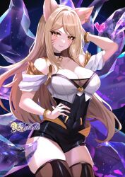  1girl ahri_(league_of_legends) animal_ears arm_up bare_shoulders black_choker black_shorts blonde_hair breasts brown_eyes choker cleavage commentary_request covered_navel cowboy_shot facial_mark felielle fox_ears hand_on_own_hip high-waist_shorts highres k/da_(league_of_legends) k/da_ahri large_breasts league_of_legends long_hair looking_at_viewer off-shoulder_shirt off_shoulder shirt short_sleeves shorts skindentation solo standing thighhighs thighs very_long_hair whisker_markings white_shirt  rating:Sensitive score:14 user:danbooru