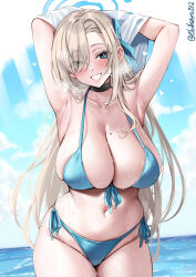  1girl alternate_costume armpits arms_behind_head arms_up asuna_(blue_archive) bikini black_choker blue_archive blue_bikini blue_eyes blue_ribbon blue_sky blush breasts choker commentary cowboy_shot ebifurya eyes_visible_through_hair front-tie_bikini_top front-tie_top hair_over_one_eye hair_ribbon heart highres horizon large_breasts light_brown_hair long_hair looking_at_viewer mole mole_on_breast navel ocean ribbon side-tie_bikini_bottom skindentation sky smile solo stomach swimsuit twitter_username very_long_hair wet wet_clothes wet_swimsuit 