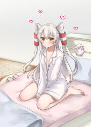  1girl absurdres alarm_clock amatsukaze_(kancolle) arms_between_legs barefoot bed blush breasts clock heart highres indoors kantai_collection long_hair long_sleeves looking_at_viewer naked_shirt on_bed orange_eyes pajamas saburou_03 shirt sitting small_breasts solo two_side_up very_long_hair white_hair 