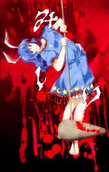  1girl absurdres ambiguous_red_liquid animal_ears bad_id bad_pixiv_id barefoot blue_hair rabbit_ears crescent highres irue kine mallet parody puffy_short_sleeves puffy_sleeves red_eyes seiran_(touhou) shigurui short_hair short_sleeves skirt smirk solo stain star_(symbol) tk31 tk31elpis touhou 