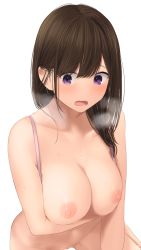 1girl absurdres blush bra breasts breasts_out brown_hair brown_hair-chan_(ramchi) embarrassed highres large_breasts nipples nude open_mouth original purple_eyes ramchi solo underwear rating:Questionable score:57 user:Mhazard