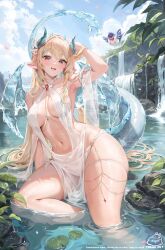  1girl :d absurdres alice_vu animal_ears artist_name bikini bird blonde_hair blue_sky breasts center_opening chain cloud covered_erect_nipples criss-cross_halter dragon_girl dragon_horns dragon_tail dragon_wings evelyn_evania fangs frog gem gold_chain halterneck heart heart_in_eye highres horns in_water indie_virtual_youtuber lily_pad long_hair looking_at_viewer medium_breasts multicolored_hair navel open_mouth outdoors plant red_eyes red_gemstone ripples rock shallow_water sitting sky smile solo stomach streaked_hair swimsuit symbol_in_eye tail teeth thick_thighs thigh_strap thighs upper_teeth_only very_long_hair virtual_youtuber water waterfall watermark wet white_bikini wings 
