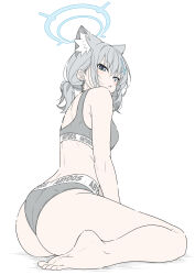  1girl alternate_costume alternate_hairstyle animal_ear_fluff animal_ears ass bare_legs bare_shoulders barefoot blue_archive blue_eyes blue_halo breasts bright_pupils clothes_writing commentary cross cross_hair_ornament earrings extra_ears grey_panties grey_sports_bra hair_ornament halo highres inverted_cross jewelry masabodo medium_breasts mismatched_pupils panties ponytail shiroko_(blue_archive) short_ponytail sitting solo sports_bra stud_earrings underwear white_pupils wolf_ears wolf_girl 