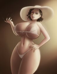  1girl alcina_dimitrescu ass belly big_dom bikini black_hair bow breasts capcom cleavage earrings female_focus fingernails hand_on_own_hip hat huge_ass huge_breasts jewelry mature_female midriff navel resident_evil resident_evil_village saf-404 short_hair skimpy_bikini smile swimsuit thick_thighs thighs vampire white_bikini wide_hips yellow_eyes 