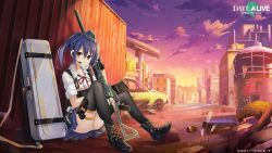  1girl artist_request blue_hair blue_skirt boots brown_eyes chewing_gum building bush can car city cityscape cloud cloudy_sky collarbone date_a_live date_a_live:_spirit_pledge dusk explosive eyes_visible_through_hair fingerless_gloves full_body garrison_cap gloves grass grenade gun hair_between_eyes handgun hat headset highres looking_at_viewer medium_hair microphone miniskirt mole mole_under_eye motor_vehicle mountain official_art outdoors panties phone_booth pistol plant pleated_skirt ponytail pouch red_ribbon ribbon rifle road_sign rock ruins scenery shipping_container shirt sidelocks sign skirt sky skyscraper sleeves_rolled_up sniper_rifle solo stairs sunset swept_bangs takamiya_mana thigh_strap thighhighs tree underwear vehicle weapon weapon_case white_panties white_shirt zettai_ryouiki  rating:Sensitive score:12 user:Lisbord